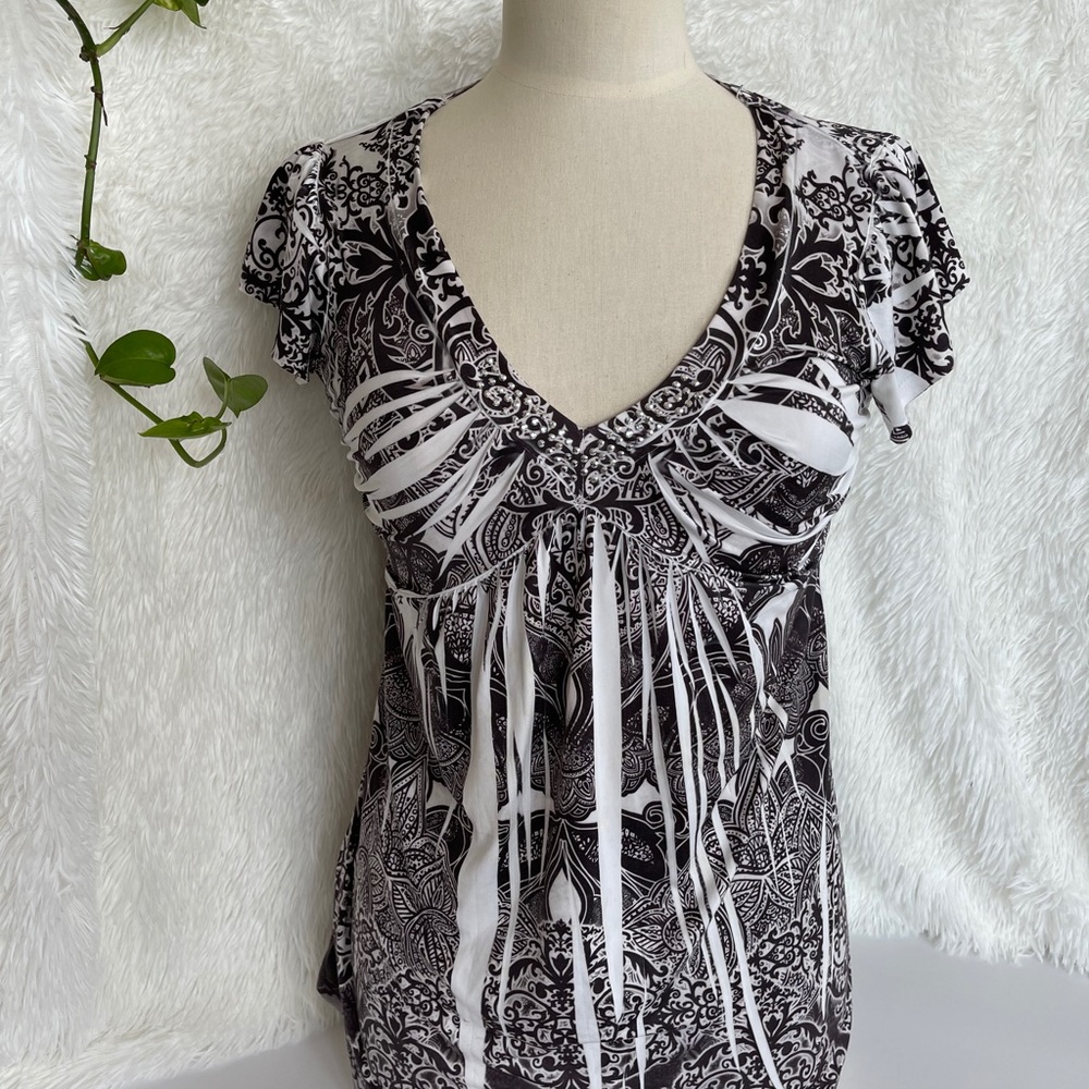 APT9 Brown & White Boho Short Sleeve Blouse S